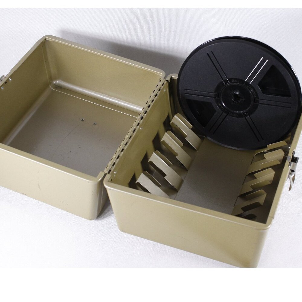Vintage metal Kenco 8mm movie reel chest in harvest gold, metal film reel
